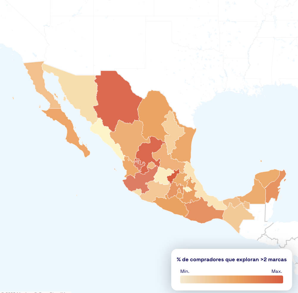 Mexico Home Shoppers Heat Map, % de compradores que exploran >2 marcas
